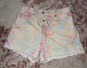 Zara Pastel Swirl Marbled Print Button Fly High-Rise Frayed Hem Denim Shorts